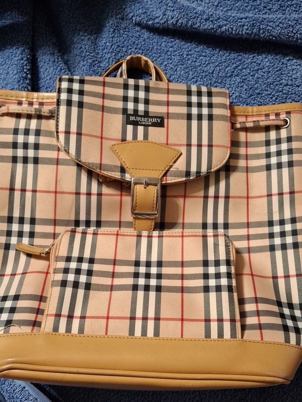 Burberry Tan and Beige Check Drawstring Backpack
